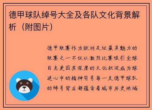 德甲球队绰号大全及各队文化背景解析（附图片）